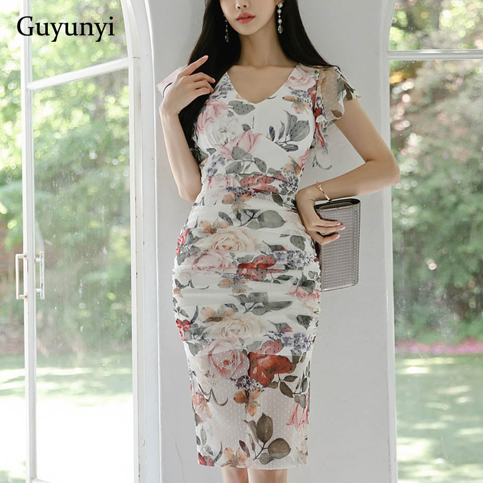 Floral Elegant Office Dress 2019 Summer High Waist Pencil Dress Small Sexy V-Neck Sleeveless Ruffles Women Party Dress