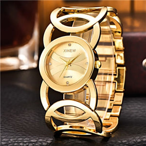 Brand XINEW Gold Plated Women Watches Circles Bracelet Rhinestone Quartz Watch Stainless Steel Relogios Femininos de Pulso Marca