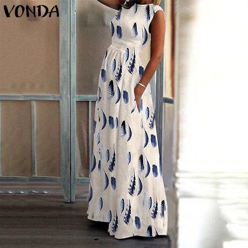 VONDA Bohemian Vestido 2020 Summer Women Floral Print Sleeveless Dress Vintage Robe Femme Beach Sundress Plus Size Long Dress