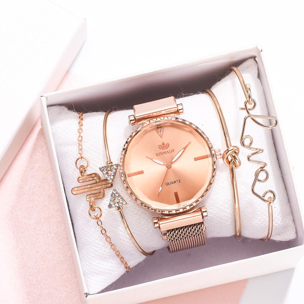 Fashion Style 5pcs/set Women Watches Rose Gold Magnetic Ladies Watch Dress Simple Watch And Bracelet Set Womens Zegarek Damski