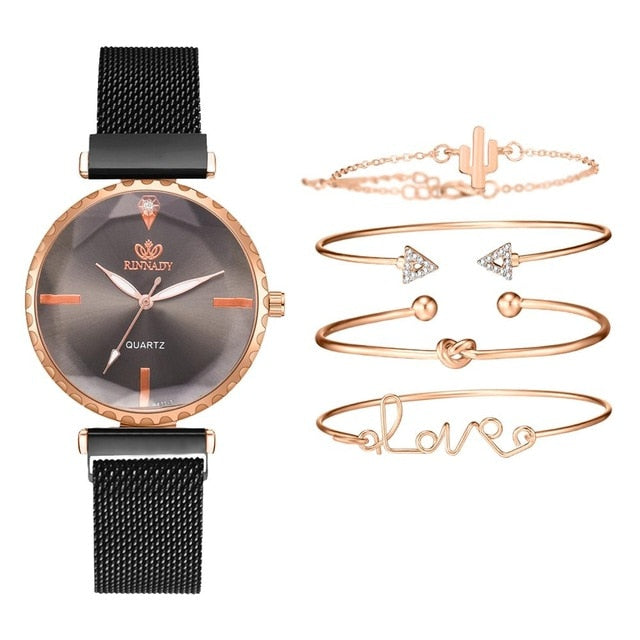 Fashion Style 5pcs/set Women Watches Rose Gold Magnetic Ladies Watch Dress Simple Watch And Bracelet Set Womens Zegarek Damski