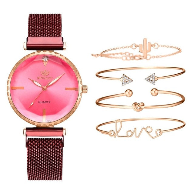 Fashion Style 5pcs/set Women Watches Rose Gold Magnetic Ladies Watch Dress Simple Watch And Bracelet Set Womens Zegarek Damski