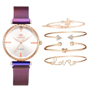 Fashion Style 5pcs/set Women Watches Rose Gold Magnetic Ladies Watch Dress Simple Watch And Bracelet Set Womens Zegarek Damski