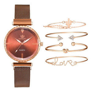 Fashion Style 5pcs/set Women Watches Rose Gold Magnetic Ladies Watch Dress Simple Watch And Bracelet Set Womens Zegarek Damski