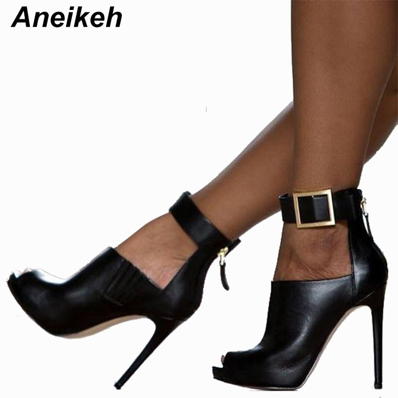 Aneikeh Gladiator Women Pumps Ladies Sexy Buckle Strap Roman High Heels Open Toe Sandals Party Wedding Shoes Size 41 42 Black