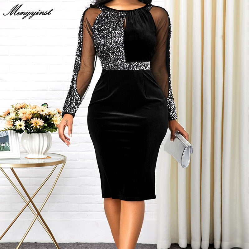 Summer Autumn Dress Women 2020 Casual Plus Size Mesh Long Sleeve Office Lady Sequined Vintage Sexy Party Dresses Bodycon Dress