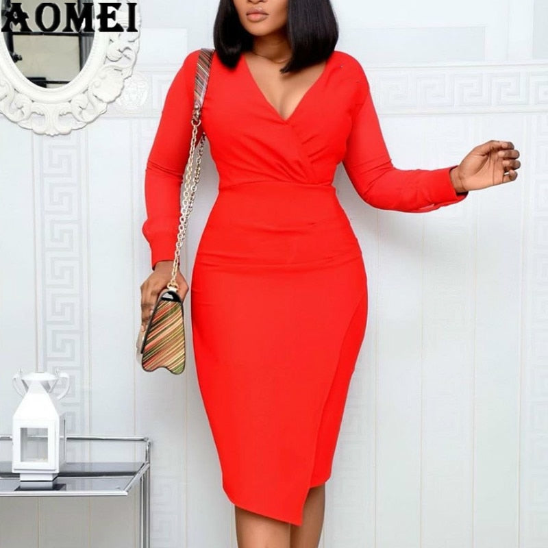 Women Long Sleeves Bodycon V Neck Dresses Slim Elegant Skinny Package Hip Large Size Elastic Spring Fashion Vestidos 2020 New