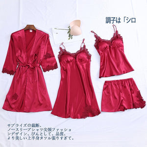 4PCS Pajamas Suit Intimate Lingerie Women Satin Sleepwear Kimono Robe Gown Casual Bride Bridesmaid Wedding Gift Sexy Nightgown