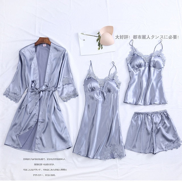 4PCS Pajamas Suit Intimate Lingerie Women Satin Sleepwear Kimono Robe Gown Casual Bride Bridesmaid Wedding Gift Sexy Nightgown