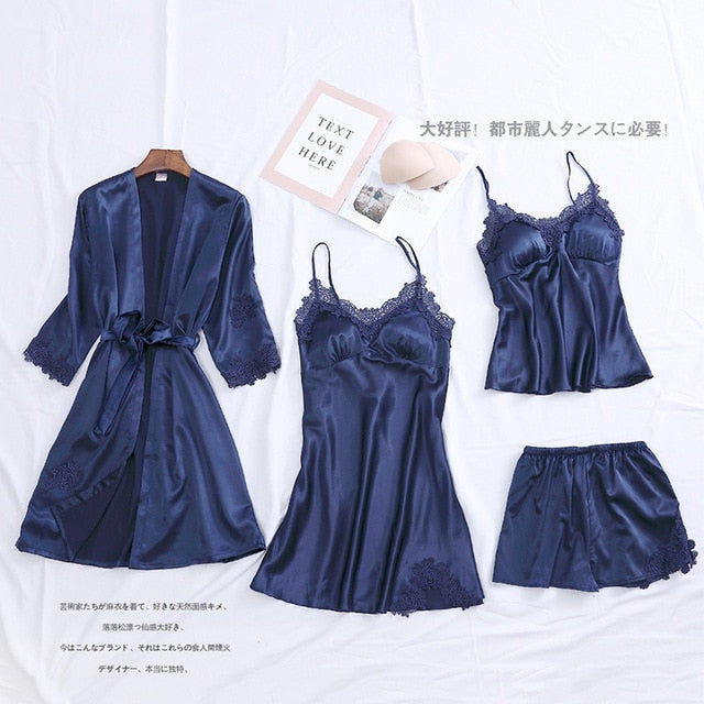 4PCS Pajamas Suit Intimate Lingerie Women Satin Sleepwear Kimono Robe Gown Casual Bride Bridesmaid Wedding Gift Sexy Nightgown