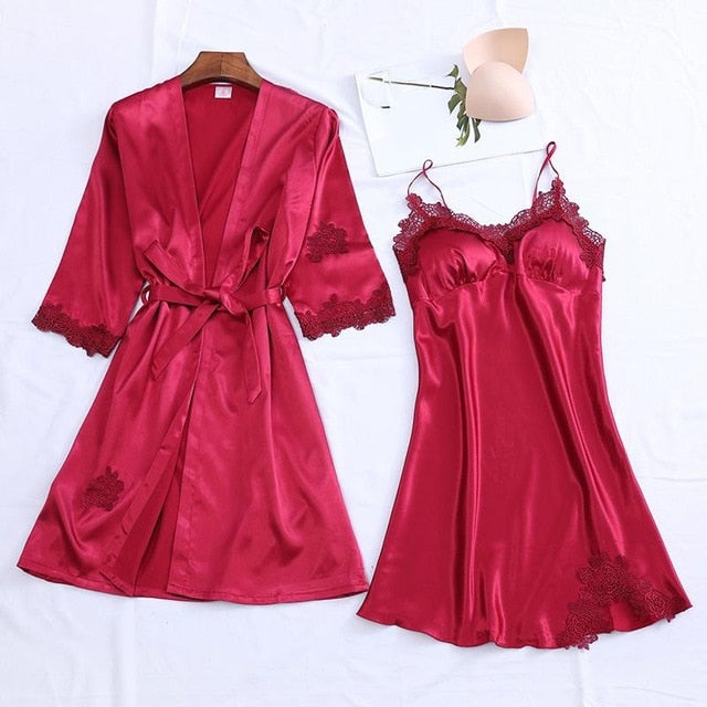 4PCS Pajamas Suit Intimate Lingerie Women Satin Sleepwear Kimono Robe Gown Casual Bride Bridesmaid Wedding Gift Sexy Nightgown