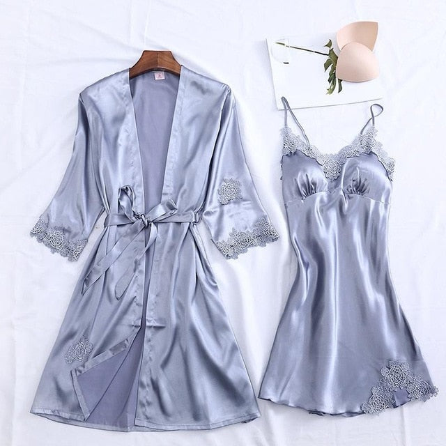 4PCS Pajamas Suit Intimate Lingerie Women Satin Sleepwear Kimono Robe Gown Casual Bride Bridesmaid Wedding Gift Sexy Nightgown