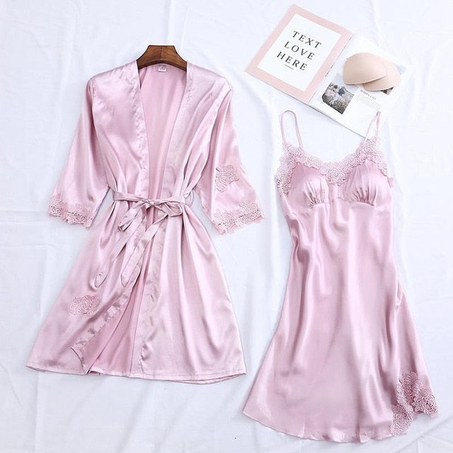 4PCS Pajamas Suit Intimate Lingerie Women Satin Sleepwear Kimono Robe Gown Casual Bride Bridesmaid Wedding Gift Sexy Nightgown