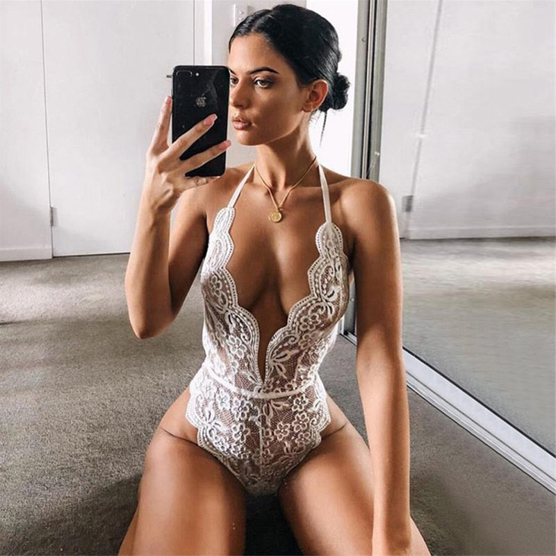 Women Transparent Sleep Wear Babydoll Sexy Lingerie Deep V Splice Lace Halter Backless Pajamas Sleepwear Underwear Nightdress