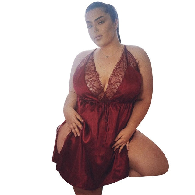 Fashion Women's Sleeveless V-neck Backless Hollow Lace Sexy Lingerie Nightdress L-5XL