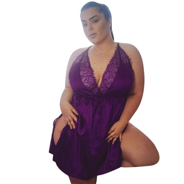 Fashion Women's Sleeveless V-neck Backless Hollow Lace Sexy Lingerie Nightdress L-5XL