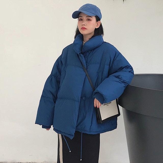 Korean Style 2022 Winter Jacket Women Stand Collar Solid Black White Female Down Coat Loose Oversized Womens Short Parka