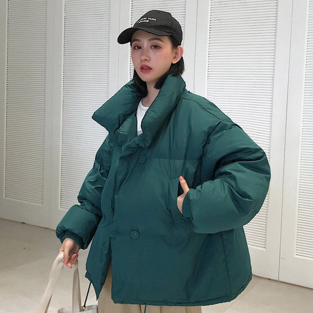 Korean Style 2022 Winter Jacket Women Stand Collar Solid Black White Female Down Coat Loose Oversized Womens Short Parka