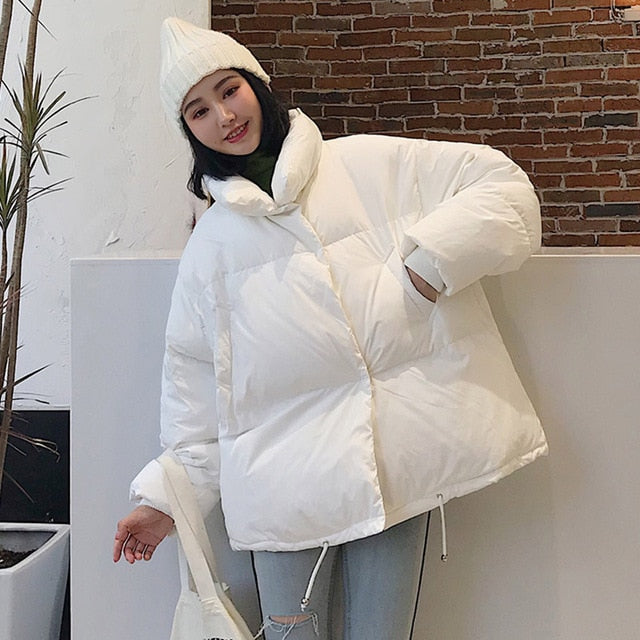 Korean Style 2022 Winter Jacket Women Stand Collar Solid Black White Female Down Coat Loose Oversized Womens Short Parka