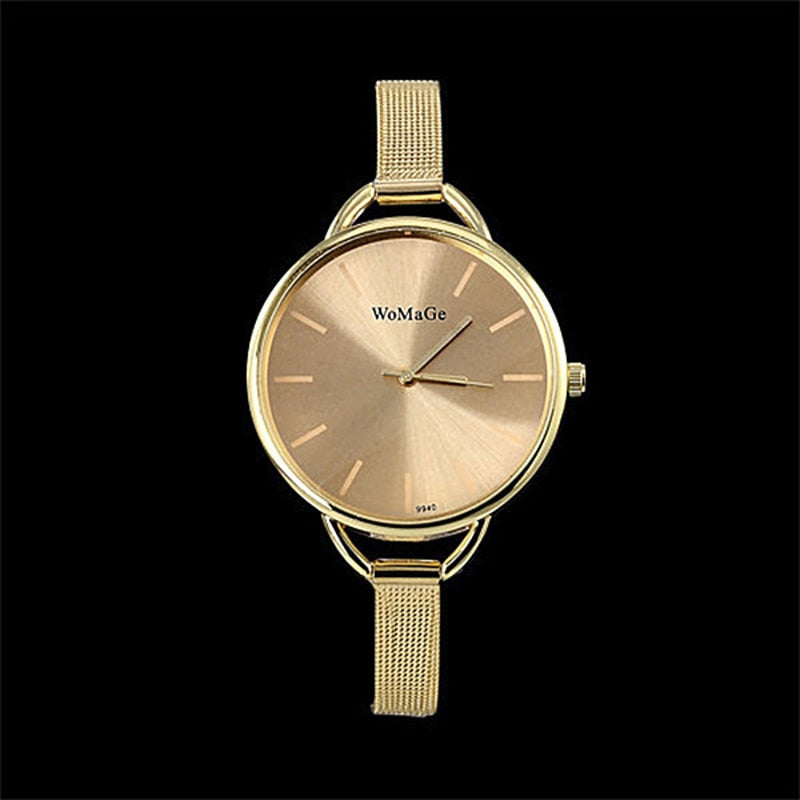 2022 Luxury Golden Women Dress Wrist Watches Brand Womage Ladies Ultra Slim Stainless Steele Mesh Mini Bracelet Quartz Watch