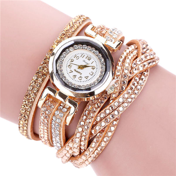 Fashion Casual Gold Quartz Women Rhinestone Watch Braided Leather Bracelet Watch Gift Ladies Wristwatch Relogio Feminino Gift #b