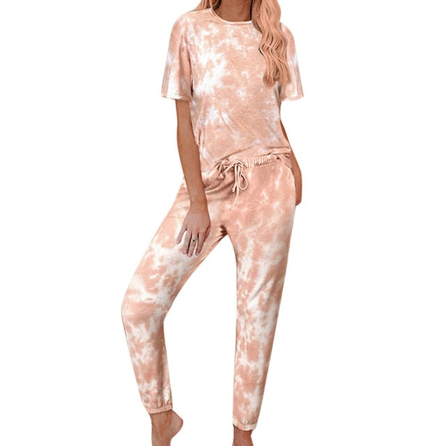 2022 Loungewear Women Pajama Set Home Wear tie-dye Print Nightwear Sleepwear Fashion Spring Summer Short Sleeve Pyjamas Women