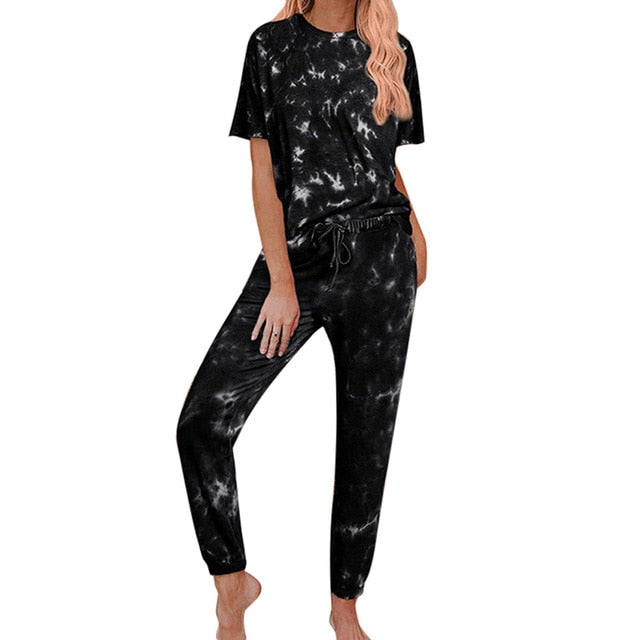 2022 Loungewear Women Pajama Set Home Wear tie-dye Print Nightwear Sleepwear Fashion Spring Summer Short Sleeve Pyjamas Women