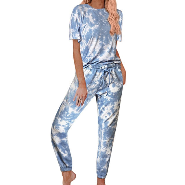 2022 Loungewear Women Pajama Set Home Wear tie-dye Print Nightwear Sleepwear Fashion Spring Summer Short Sleeve Pyjamas Women