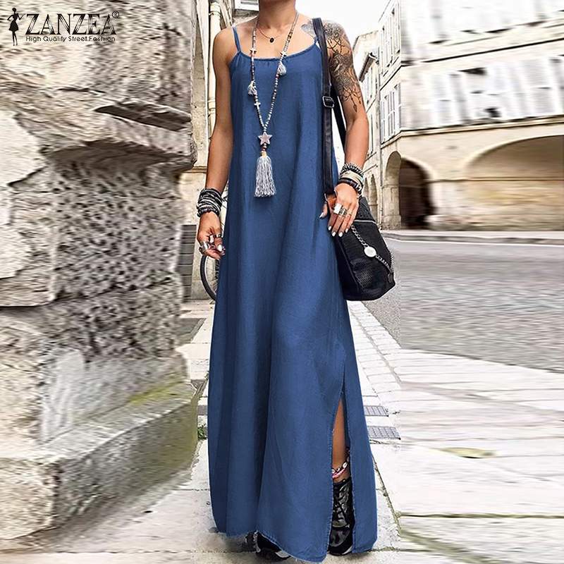 Plus Size Summer Sundress ZANZEA 2020 Elegant Women's Spaghetti Strap Dress Causal Split Deniem Blue Vestidos Female Solid Robe