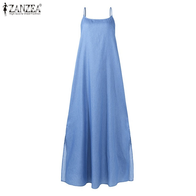 Plus Size Summer Sundress ZANZEA 2020 Elegant Women's Spaghetti Strap Dress Causal Split Deniem Blue Vestidos Female Solid Robe