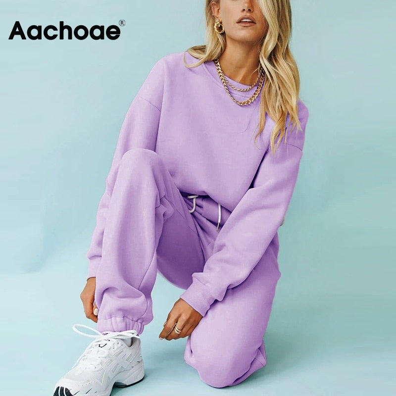 Aachoae Solid Casual Tracksuit Women Sports 2 Pieces Set Sweatshirts Pullover Hoodies Suit 2022 Home Sweatpants Shorts Outfits