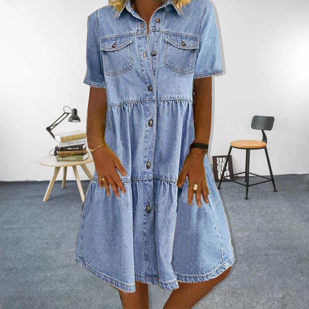 plus size Women Short Sleeve Turn Down Collar Pockets Single-breasted A Line Denim Dress Summer Women Denim Dresses Vestidos