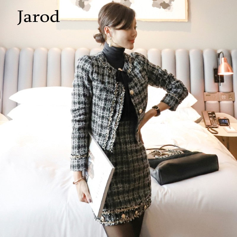 Designer Fashion Plaid Tweed Women Suits Fall Winter Single Breasted Jacket Two Piece Set + Wollen Mini Skirt Set