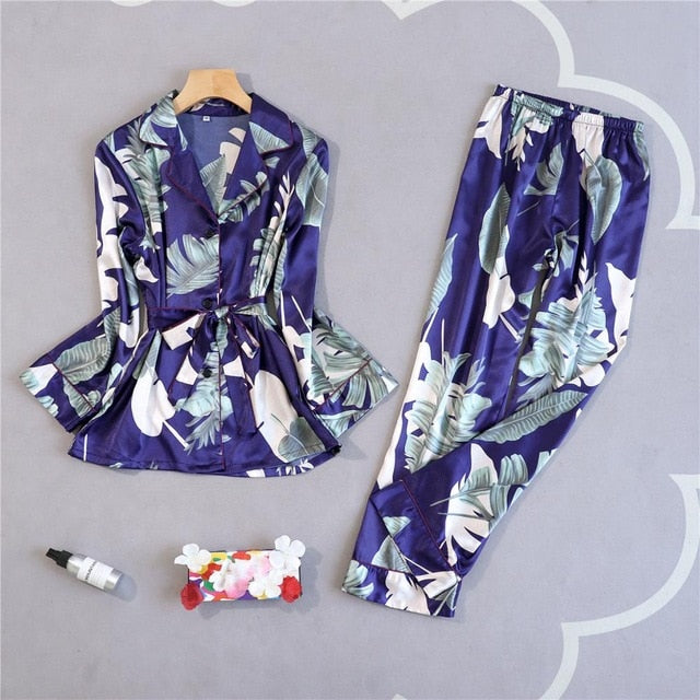 Leopard Pyjamas Women Stripe Satin Pajamas Sets 2019 New Spring Long Sleeve 2 Pcs Suit Casual Silk Home Clothing Sleepwear