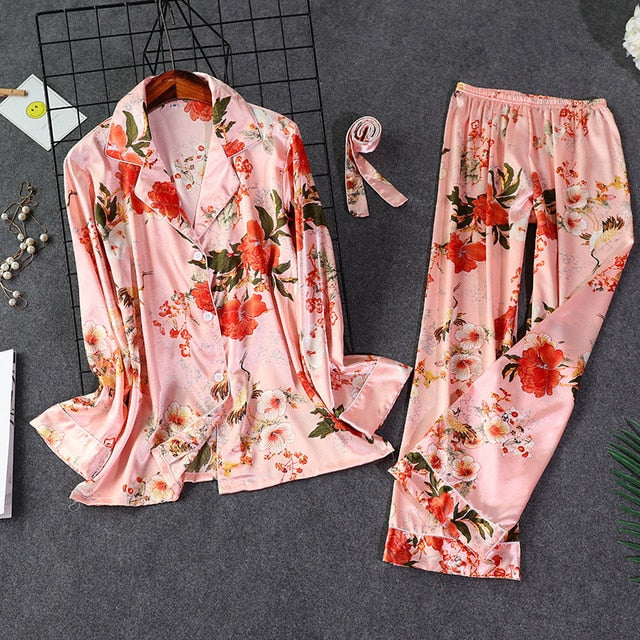 Leopard Pyjamas Women Stripe Satin Pajamas Sets 2019 New Spring Long Sleeve 2 Pcs Suit Casual Silk Home Clothing Sleepwear