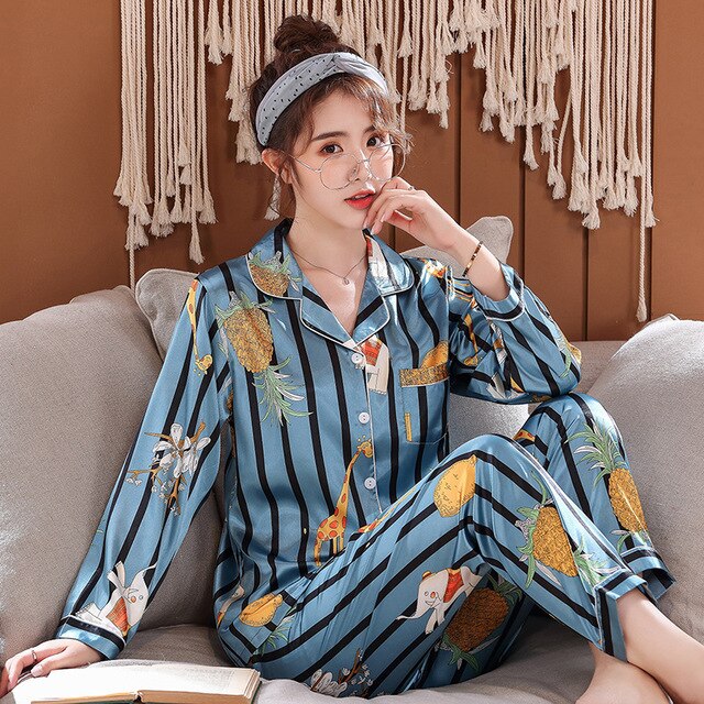 Leopard Pyjamas Women Stripe Satin Pajamas Sets 2019 New Spring Long Sleeve 2 Pcs Suit Casual Silk Home Clothing Sleepwear