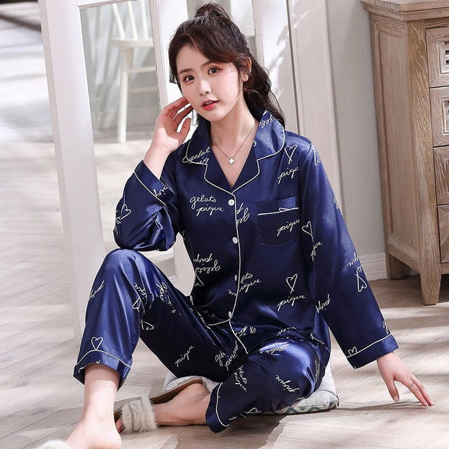 Leopard Pyjamas Women Stripe Satin Pajamas Sets 2019 New Spring Long Sleeve 2 Pcs Suit Casual Silk Home Clothing Sleepwear