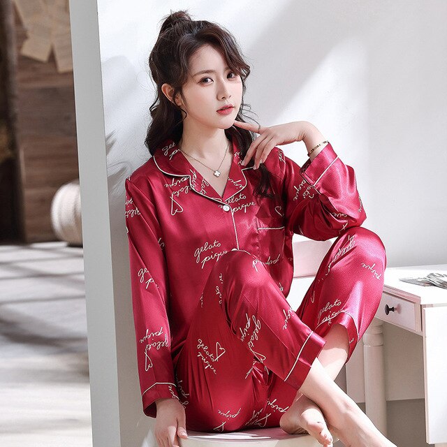Leopard Pyjamas Women Stripe Satin Pajamas Sets 2019 New Spring Long Sleeve 2 Pcs Suit Casual Silk Home Clothing Sleepwear