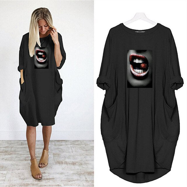 Fashion Women Dress Red Lips Sexy Beauty Print Women Full Sleeve O-neck Casual Loose Fall Thin Plus Size Female Midi Dresses