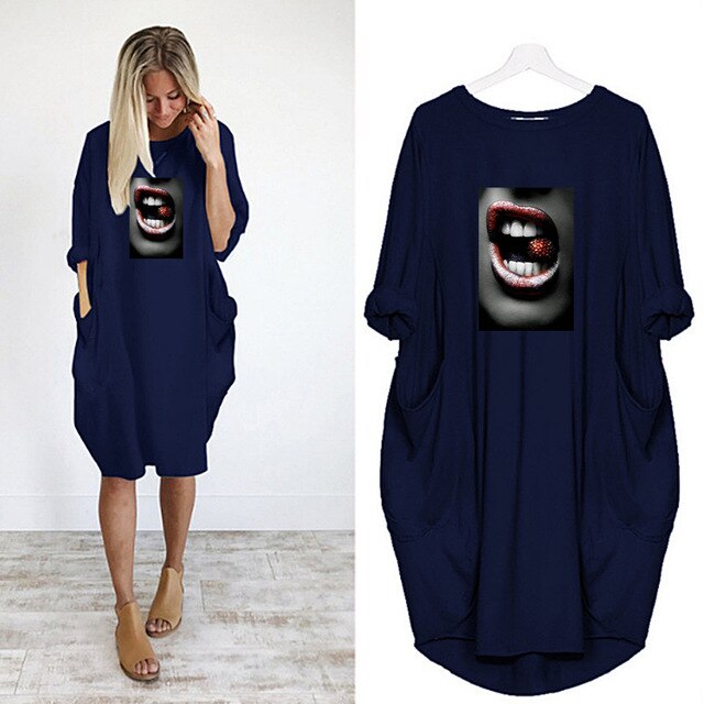 Fashion Women Dress Red Lips Sexy Beauty Print Women Full Sleeve O-neck Casual Loose Fall Thin Plus Size Female Midi Dresses