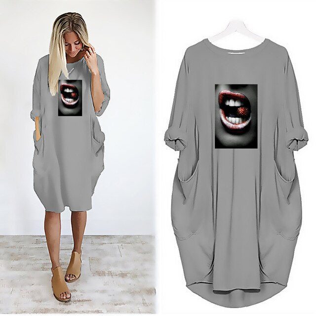 Fashion Women Dress Red Lips Sexy Beauty Print Women Full Sleeve O-neck Casual Loose Fall Thin Plus Size Female Midi Dresses
