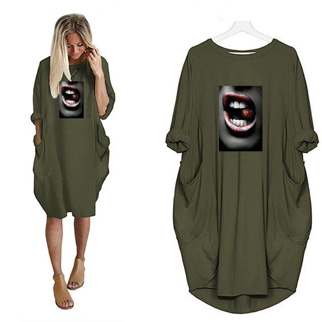 Fashion Women Dress Red Lips Sexy Beauty Print Women Full Sleeve O-neck Casual Loose Fall Thin Plus Size Female Midi Dresses