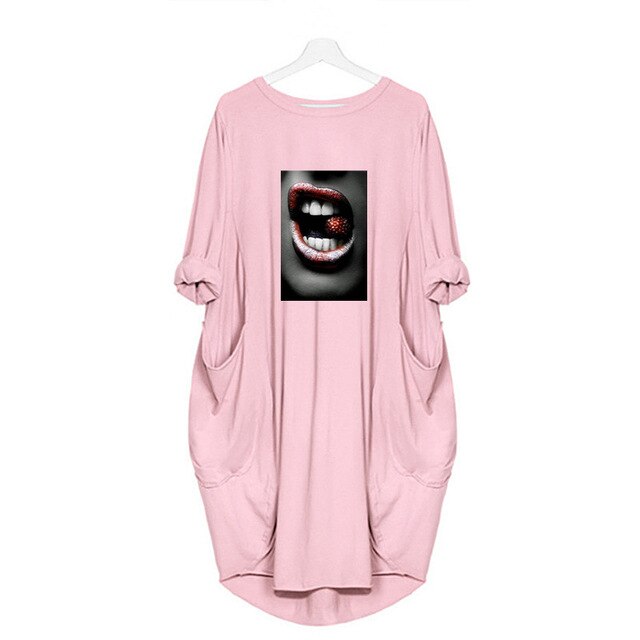 Fashion Women Dress Red Lips Sexy Beauty Print Women Full Sleeve O-neck Casual Loose Fall Thin Plus Size Female Midi Dresses