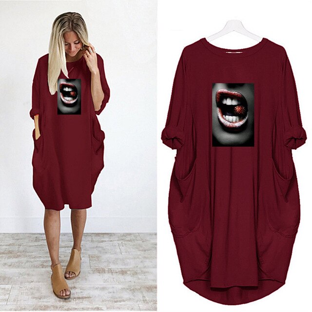Fashion Women Dress Red Lips Sexy Beauty Print Women Full Sleeve O-neck Casual Loose Fall Thin Plus Size Female Midi Dresses