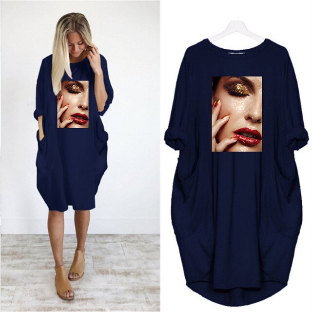 Fashion Women Dress Red Lips Sexy Beauty Print Women Full Sleeve O-neck Casual Loose Fall Thin Plus Size Female Midi Dresses