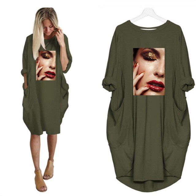 Fashion Women Dress Red Lips Sexy Beauty Print Women Full Sleeve O-neck Casual Loose Fall Thin Plus Size Female Midi Dresses