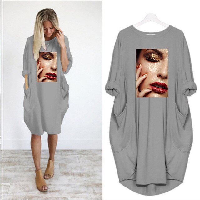 Fashion Women Dress Red Lips Sexy Beauty Print Women Full Sleeve O-neck Casual Loose Fall Thin Plus Size Female Midi Dresses