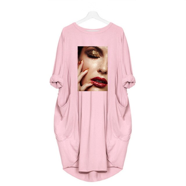 Fashion Women Dress Red Lips Sexy Beauty Print Women Full Sleeve O-neck Casual Loose Fall Thin Plus Size Female Midi Dresses