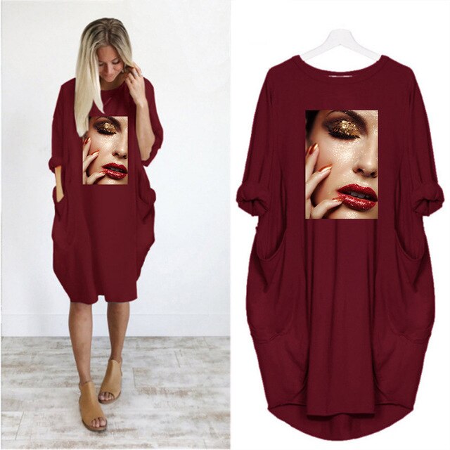 Fashion Women Dress Red Lips Sexy Beauty Print Women Full Sleeve O-neck Casual Loose Fall Thin Plus Size Female Midi Dresses