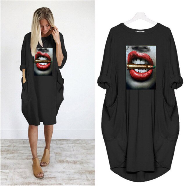 Fashion Women Dress Red Lips Sexy Beauty Print Women Full Sleeve O-neck Casual Loose Fall Thin Plus Size Female Midi Dresses